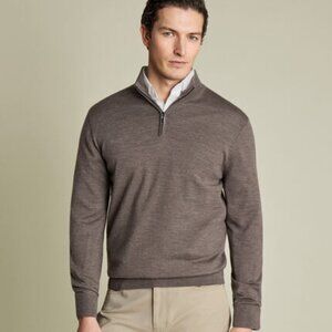 NEW Charles Tyrwhitt Size 3XL Extra Fine Merino Wool Taupe Brown Zip-Up Sweater